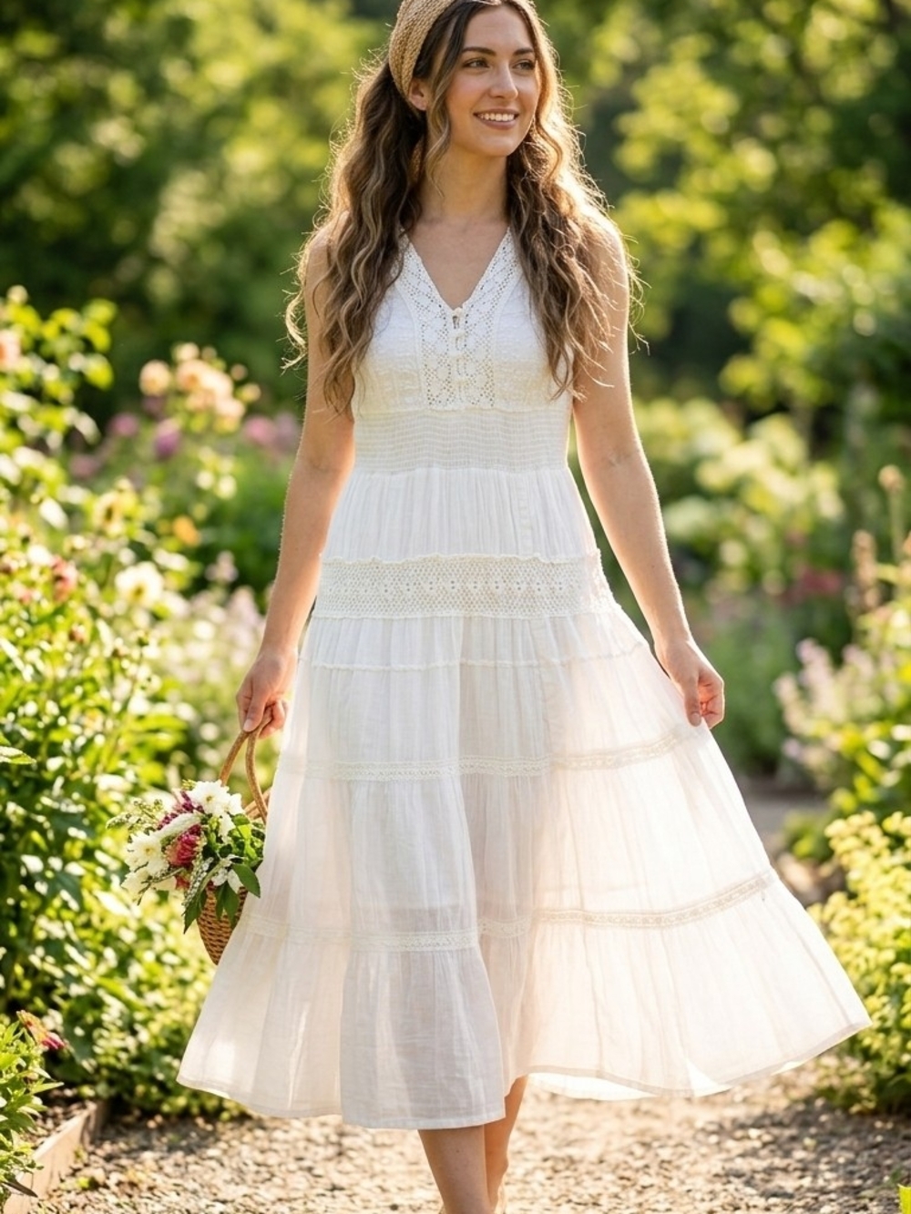Bohemian Eyelet Tiered Midi Dress - White